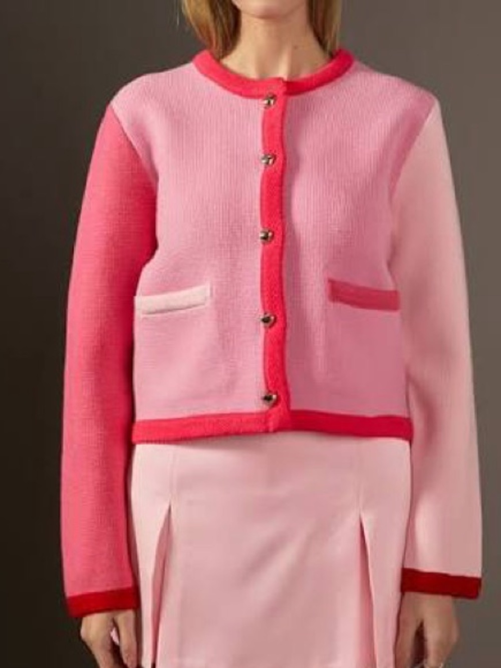 English Factory Pink Two-Tone Colorblock Knit Cardigan